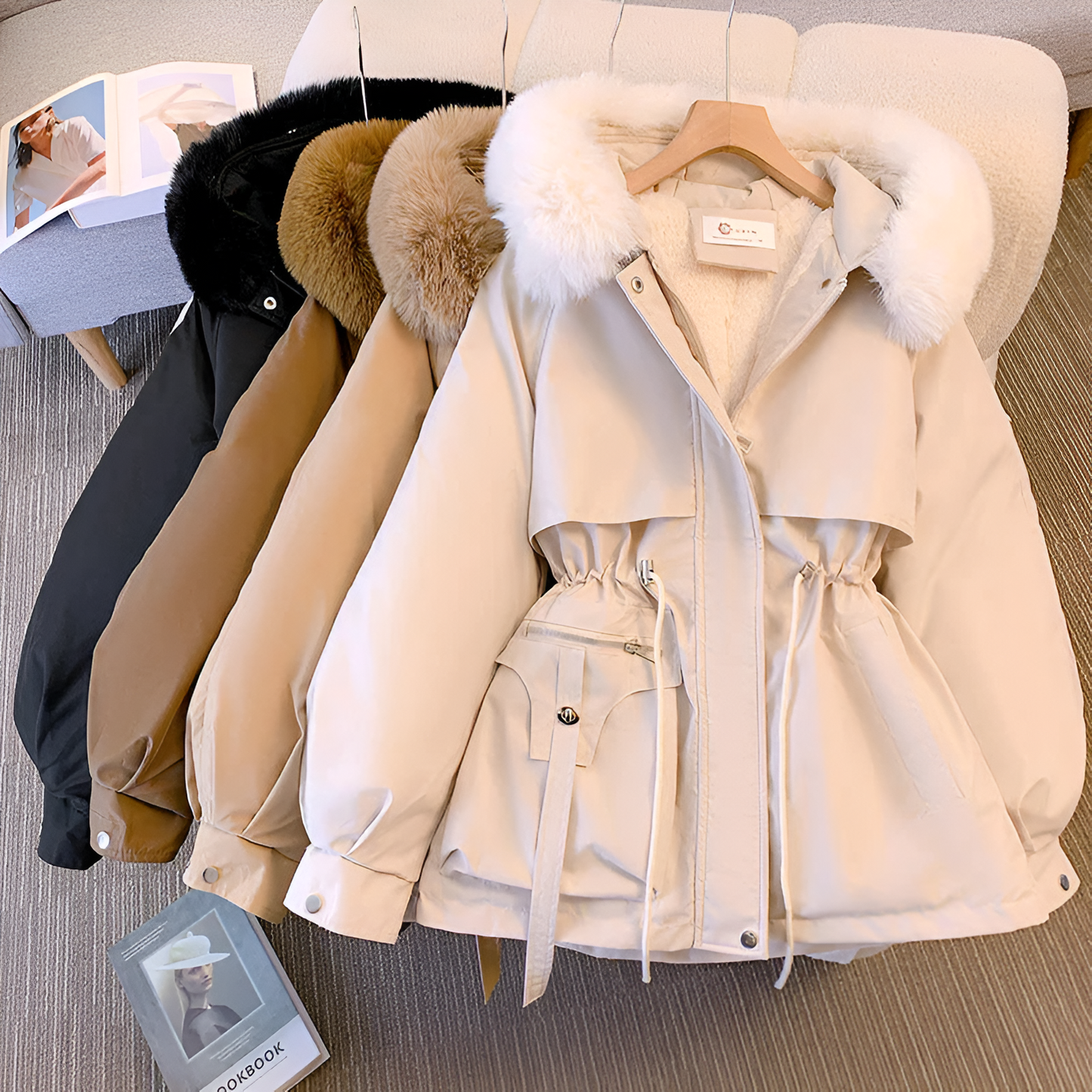 Nicole winter coat with soft fleece lining, high collar, and insulated hood, perfect for cold weather. Comes in four colours.