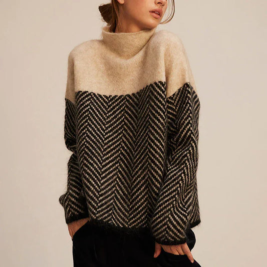 Shop this beige turtleneck sweater, offering comfort and elegance for any occasion.
