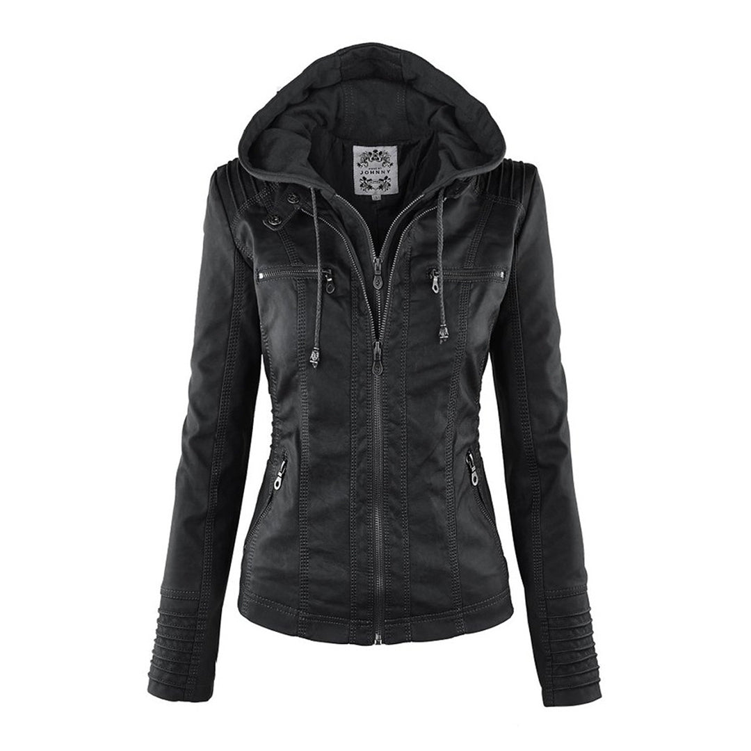 Chic black vegan leather jacket with adjustable drawstrings.