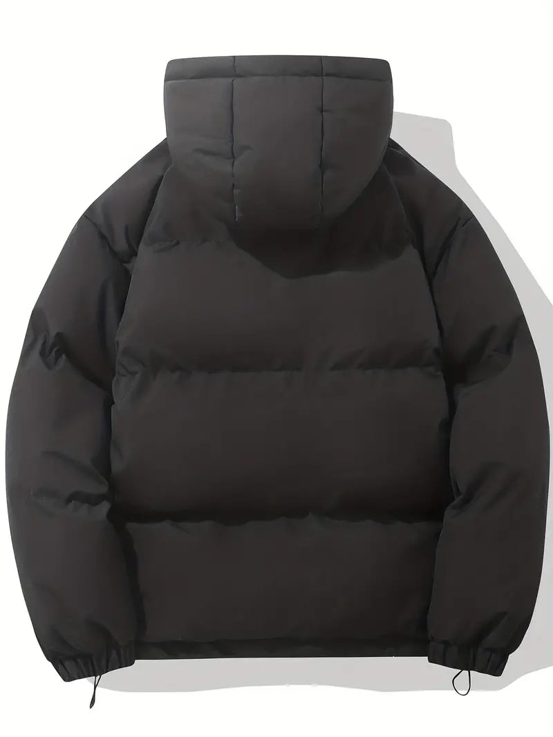 Light gray winter jacket with a hood for added protection against the elements.