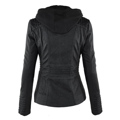 Black vegan leather jacket with a modern silhouette and removable hood.