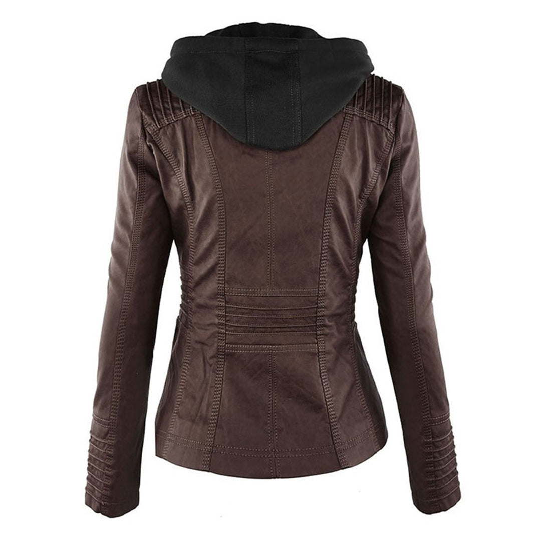 Brown jacket featuring a removable hood and cozy thermal lining.