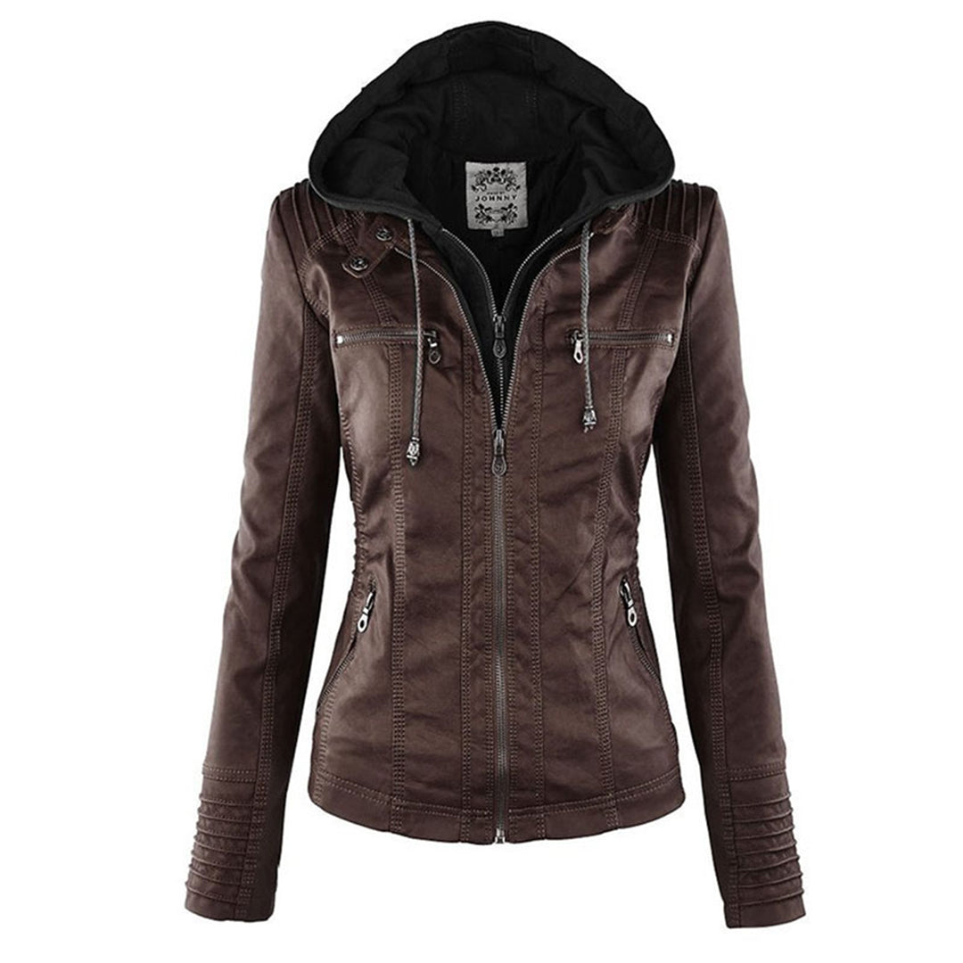 Rich brown vegan leather jacket with a customizable fit.