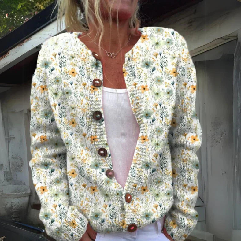 Stylish Charlotte floral cardigan with soft knit fabric, perfect for adding warmth and elegance to your autumn and winter wardrobe.