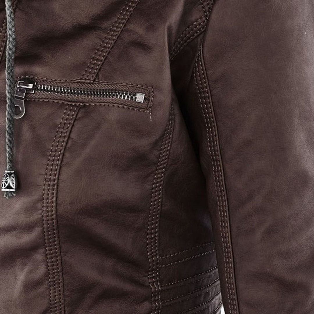 Chic brown vegan leather jacket with quality zippers