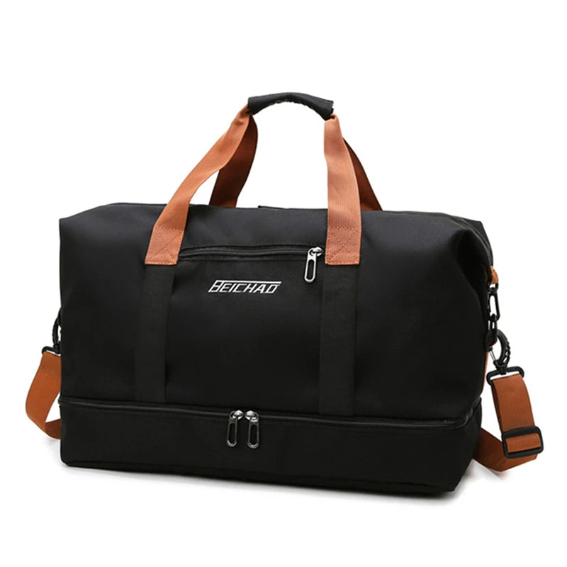 Sleek black travel duffle bag, showcasing a stylish and versatile design ideal for use as a carryon or everyday travel bag.