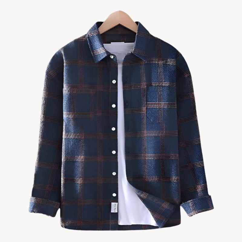 Front view of the Jordan plaid shirt, showcasing its timeless pattern and comfortable fit for versatile styling.