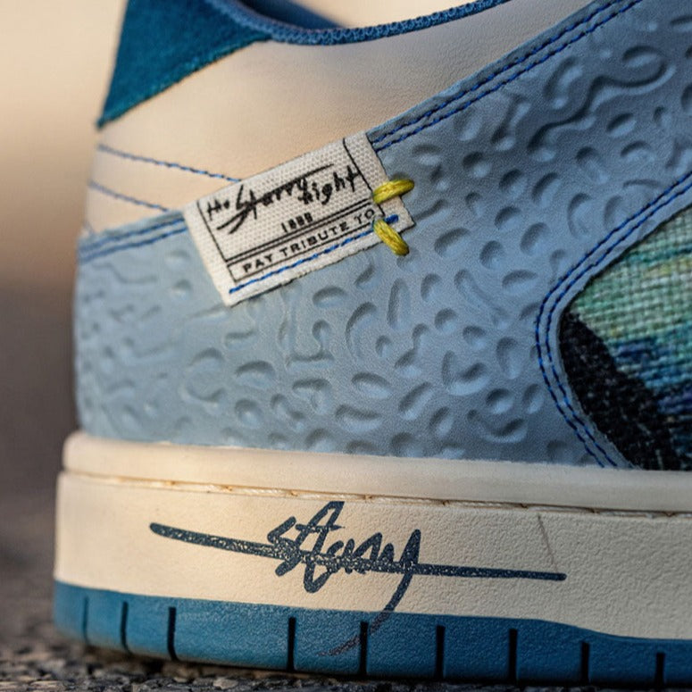 Close-up of the intricate details on Van Gogh Starry Night sneakers, featuring high-quality materials.