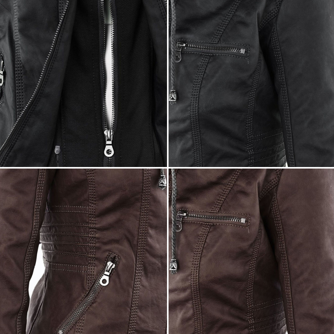 Black and Brown vegan leather jacket with a modern silhouette and removable hood.