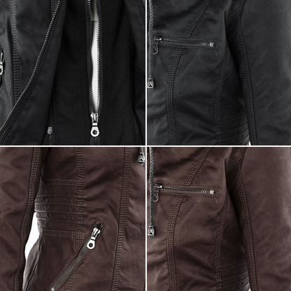 Black and Brown vegan leather jacket with a modern silhouette and removable hood.