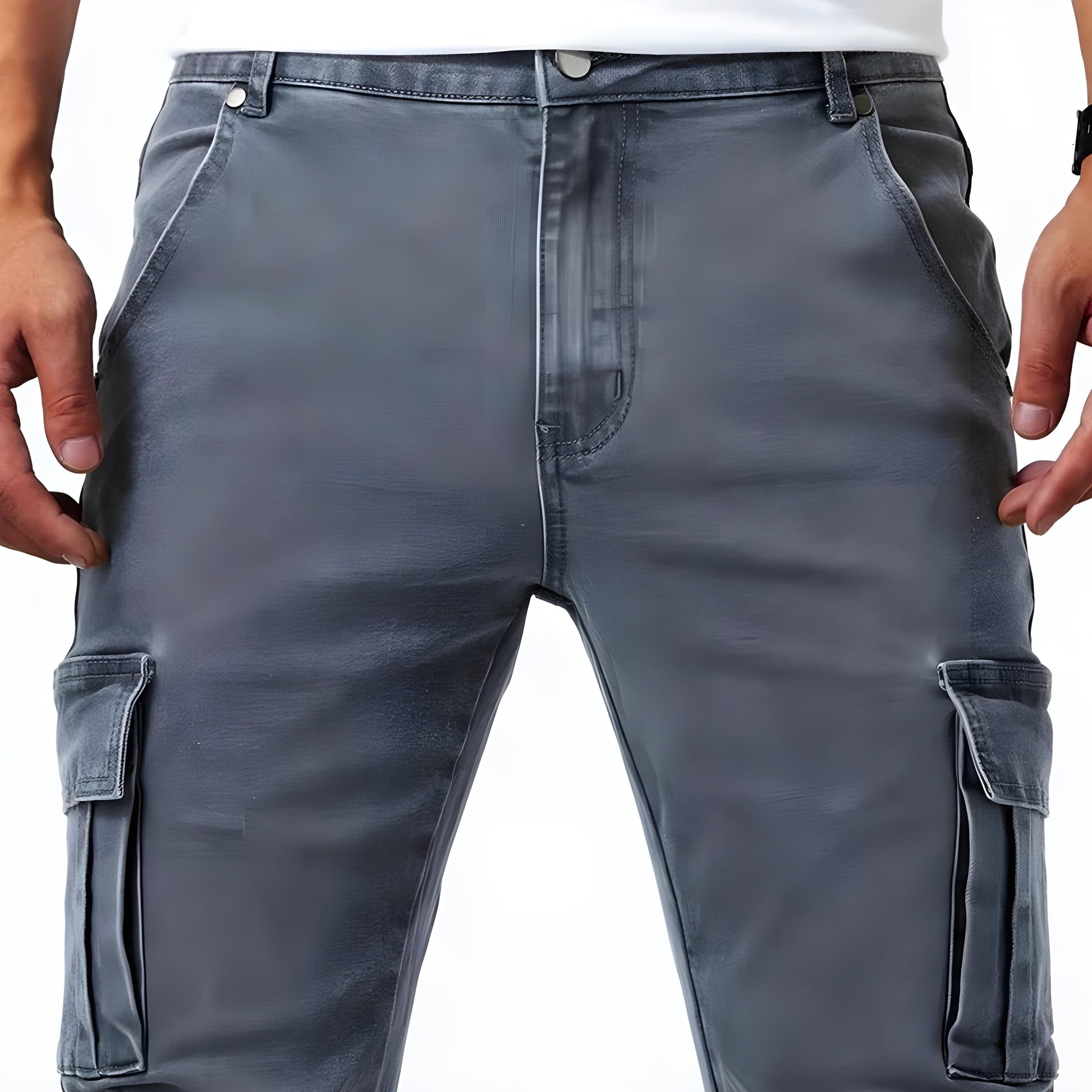 Close-up of the relaxed fit and durable stretch denim fabric of the men's cargo pants.