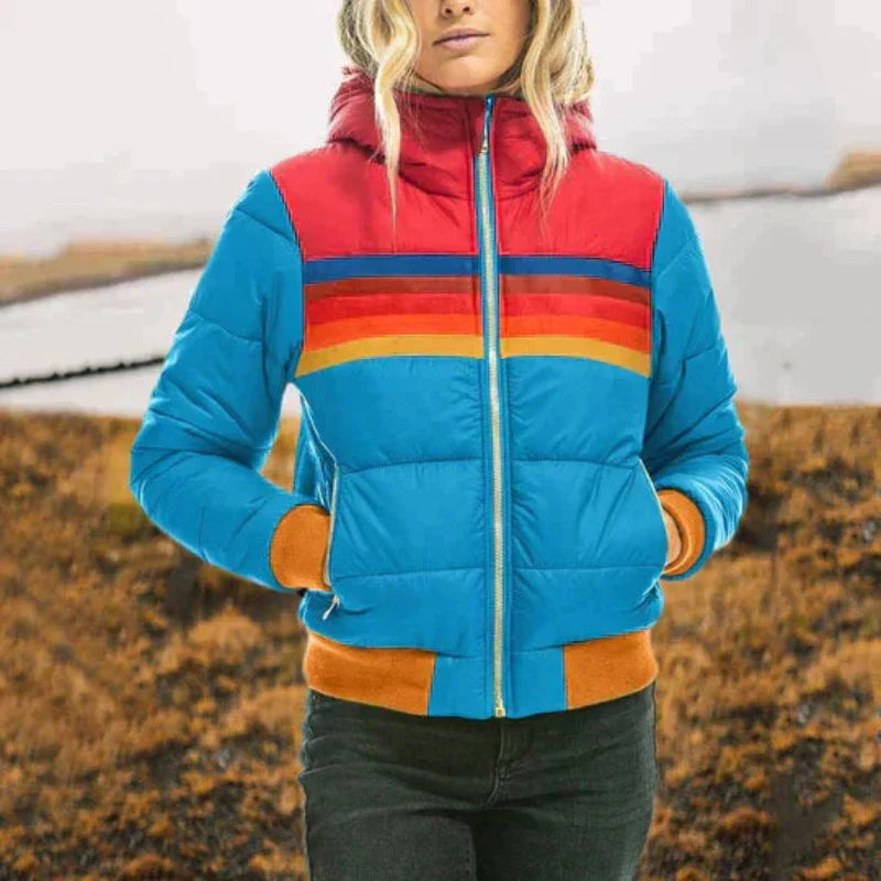 The Luna Down Jacket layered over a stylish outfit, ideal for transitioning seasons and perfect for European fashion.