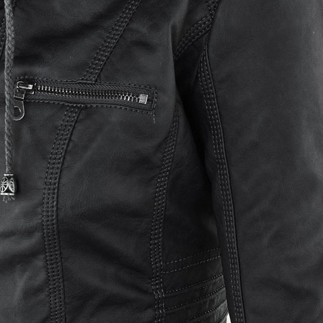 Elegant black vegan leather jacket designed for all-day comfort.