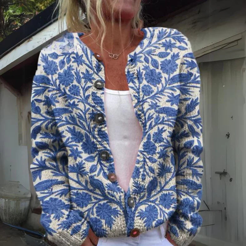 Feminine floral pattern on the Charlotte cardigan, designed for comfort and versatile styling for both casual and special occasions