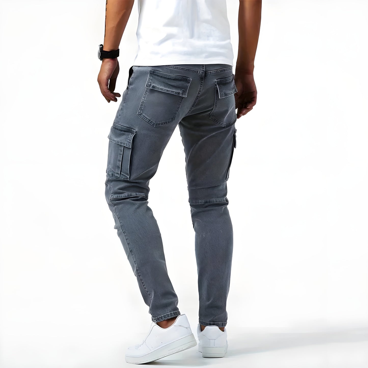 Men's denim cargo pants in a modern design, blending fashion and functionality for year-round wear.