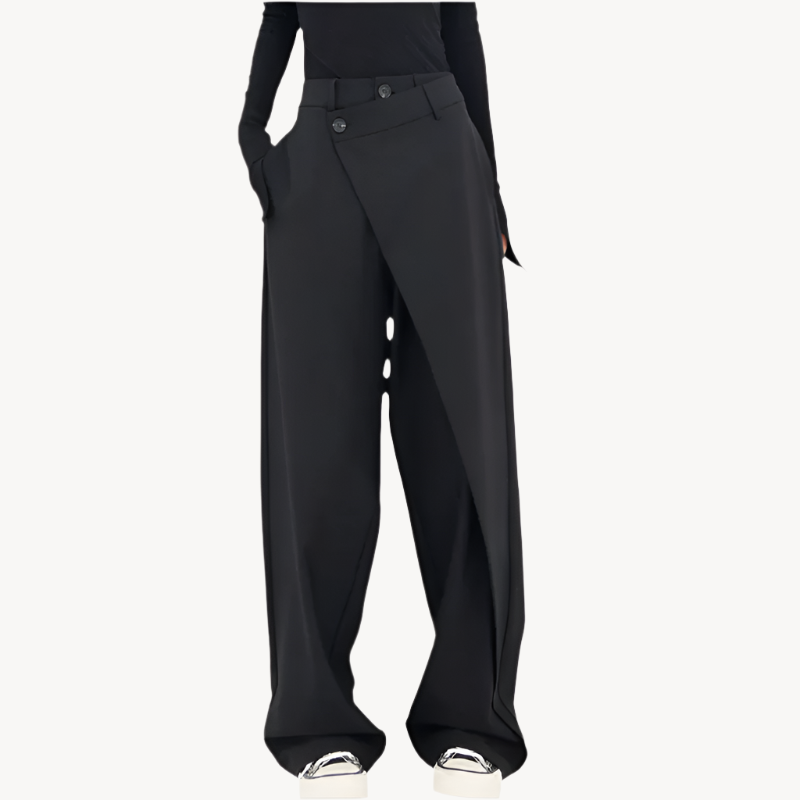 Fashionable baggy pants with an asymmetrical waistband, showcasing a modern and flattering fit.