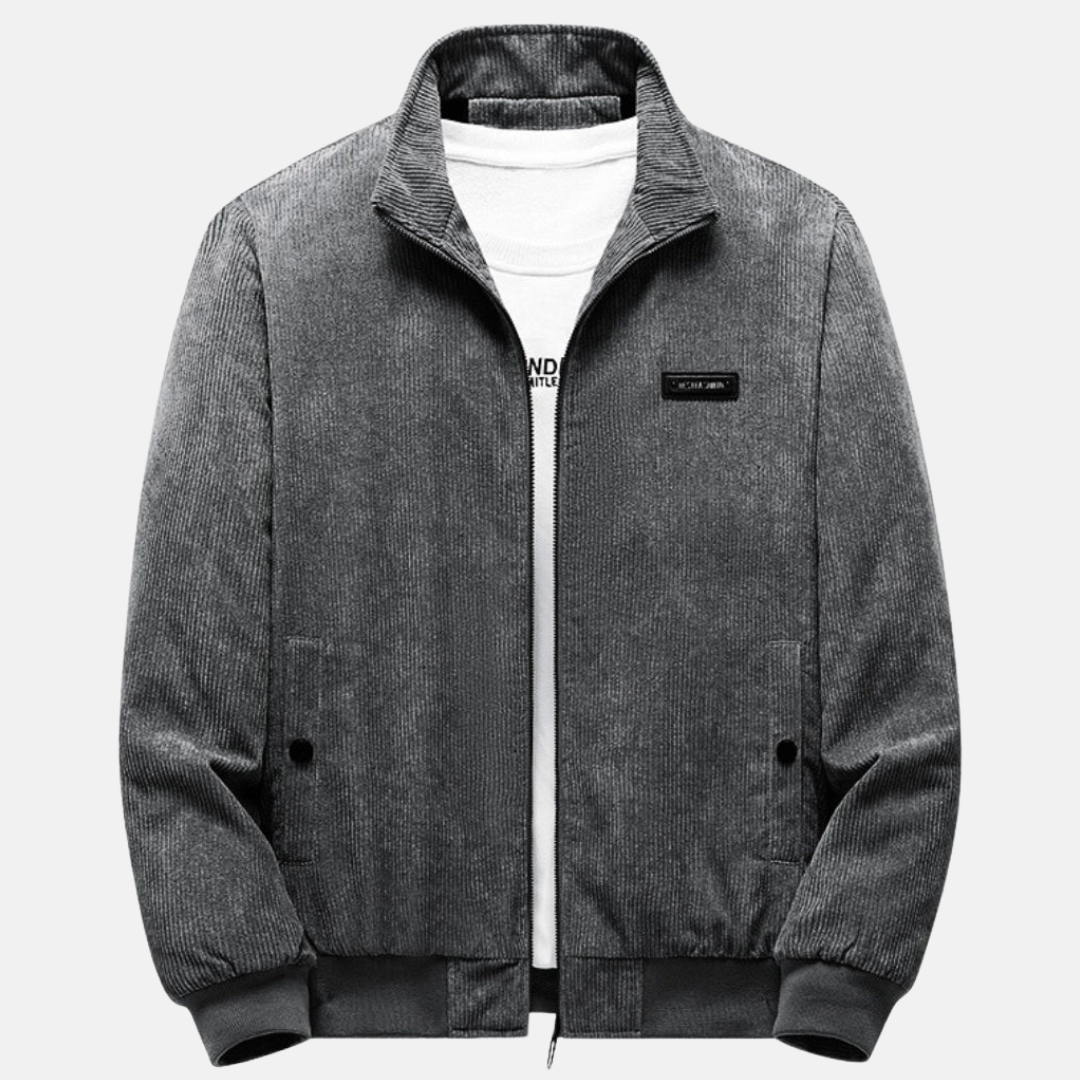 Front view of the Retro Cord Jacket in gray, showcasing its stylish design and versatile fit.