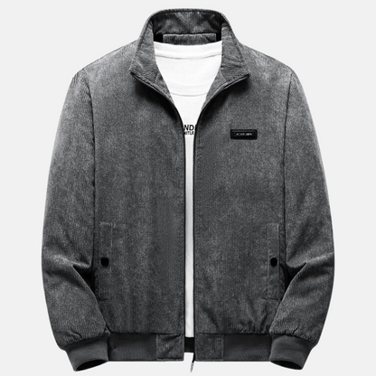 Front view of the Retro Cord Jacket in gray, showcasing its stylish design and versatile fit.