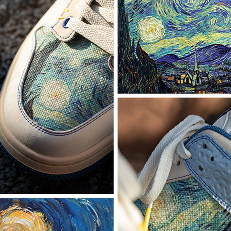 Front view of Van Gogh Starry Night inspired sneakers showcasing vibrant blue and yellow design.