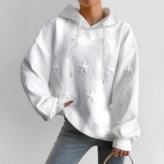 The Iris Hooded Sweater featuring a unique star embossing design, perfect for cozy winter days and casual outings. A stylish choice for warmth and comfort.