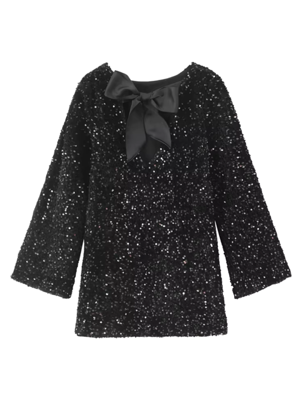 The Iza Sequin Bow Dress with a graceful flow that enhances its flattering silhouette.