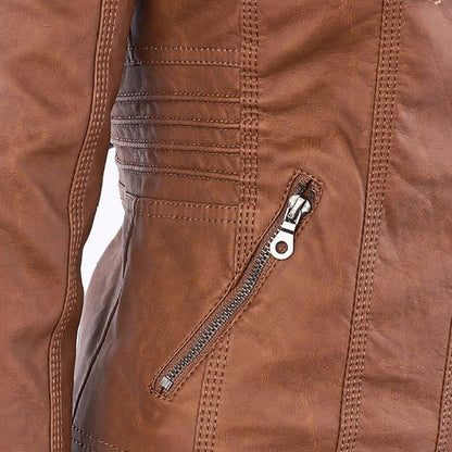 Elegant khaki vegan leather jacket, perfect for urban outings.