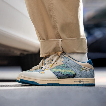 Lifestyle image of someone wearing Starry Night sneakers while walking in an urban setting.