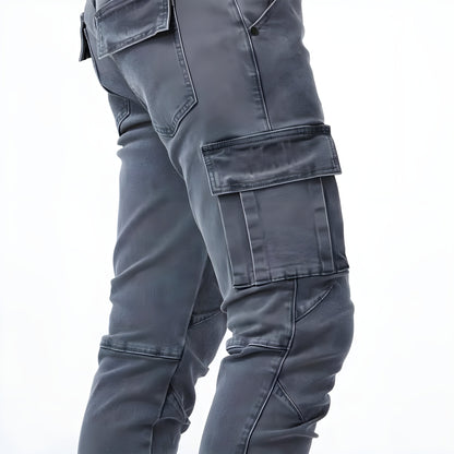 Front view of men's stretch denim cargo pants showcasing their sleek style and practical design.