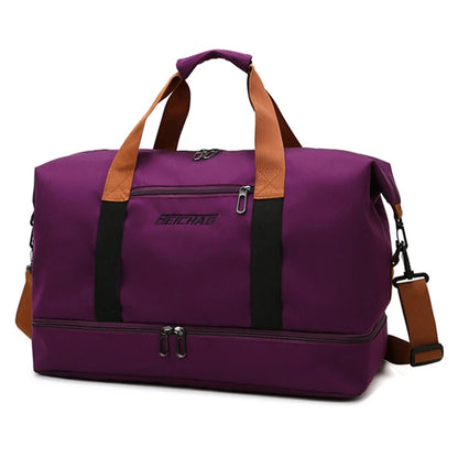 Stylish purple travel bag with multiple compartments, perfect as a carryon or for everyday use.