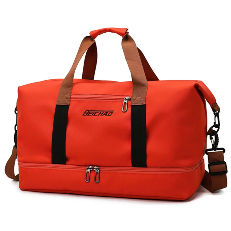 Travel duffle bag in red, showcasing its sleek design and multiple compartments