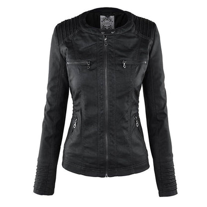 Black vegan leather jacket with a modern silhouette and removable hood.