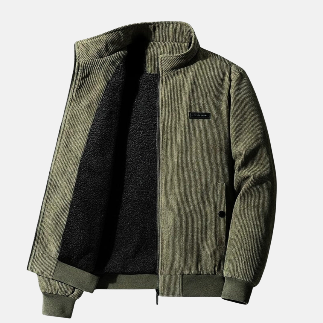 Side view of the Retro Cord Jacket in army green, highlighting the corduroy texture and stylish silhouette.