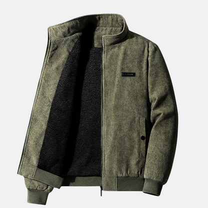 Side view of the Retro Cord Jacket in army green, highlighting the corduroy texture and stylish silhouette.