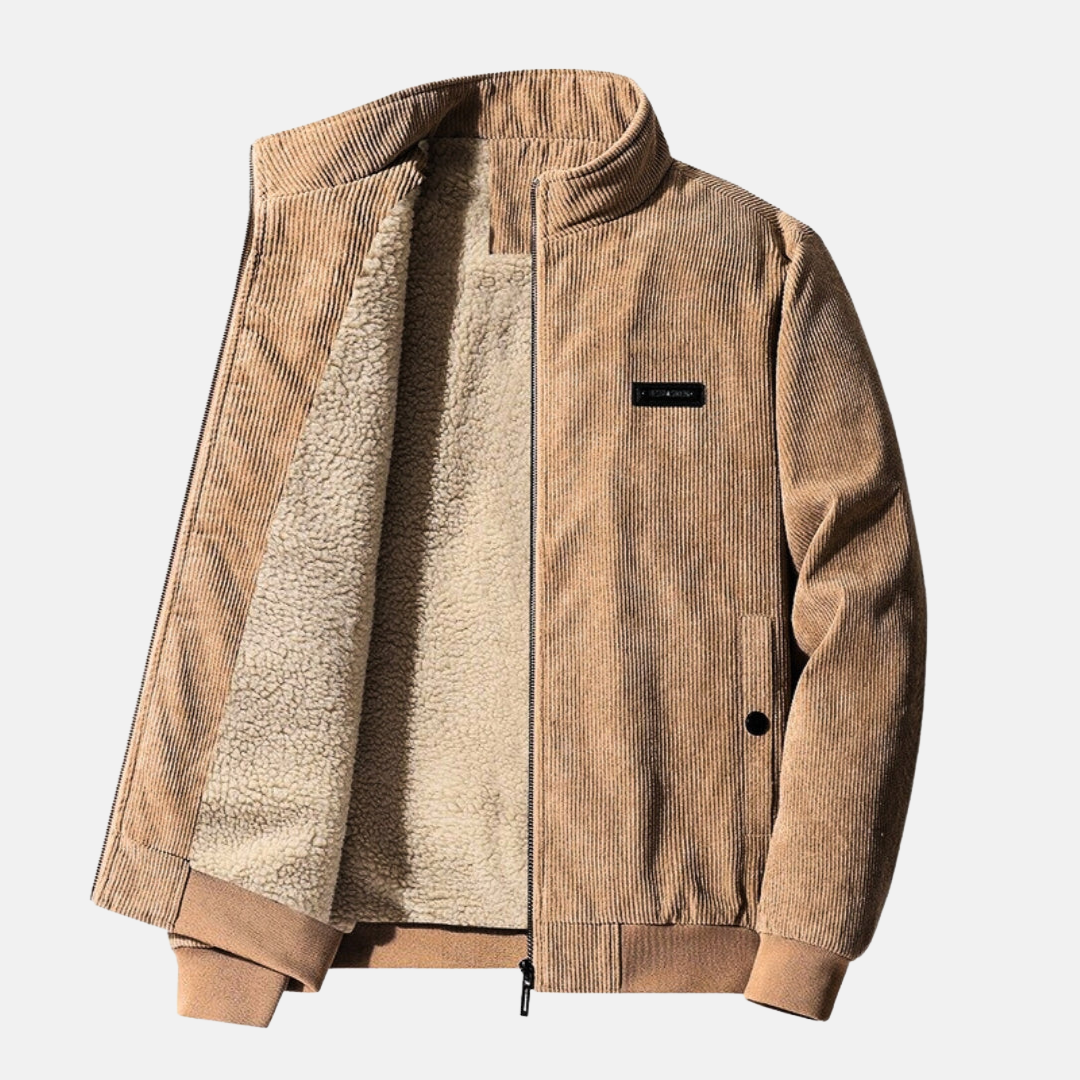 Retro Cord Jacket in beige, showcasing its premium fabric and detailed stitching.
