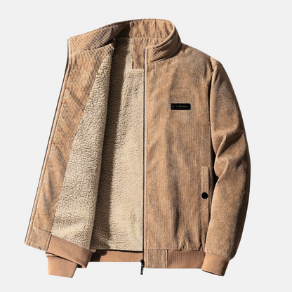 Retro Cord Jacket in beige, showcasing its premium fabric and detailed stitching.