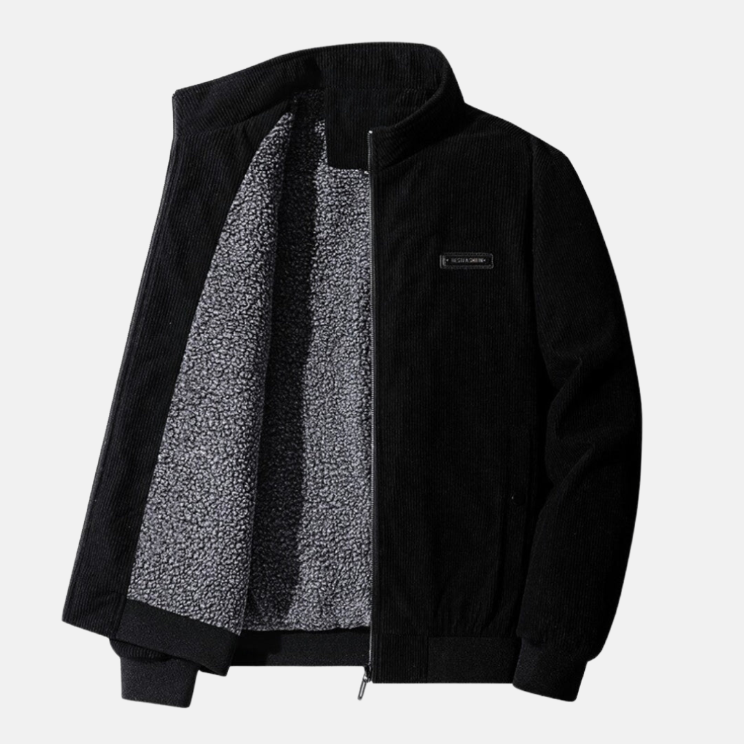 the Retro Cord Jacket in black, emphasizing its sleek design and tailored fit.