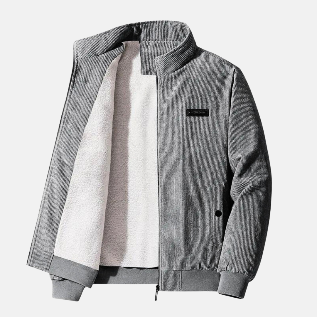 Front view of the Retro Cord Jacket in gray, showcasing its stylish design and versatile fit.