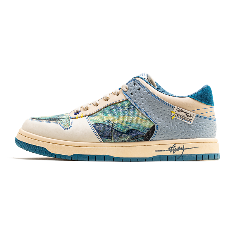 Side profile of Starry Night sneakers, highlighting the unique swirling patterns inspired by Van Gogh.