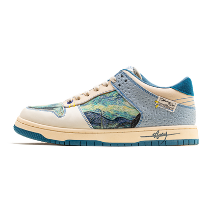 Side profile of Starry Night sneakers, highlighting the unique swirling patterns inspired by Van Gogh.