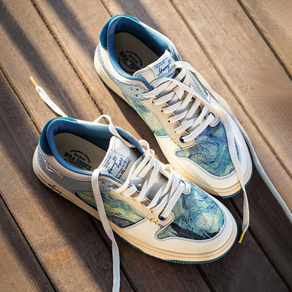 Van Gogh Starry Night sneakers displayed on a rustic wooden surface, emphasizing their artistic design.