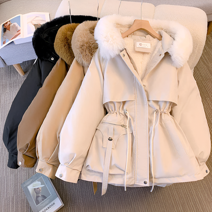 Nicole winter coat with soft fleece lining, high collar, and insulated hood, perfect for cold weather. Comes in four colours.