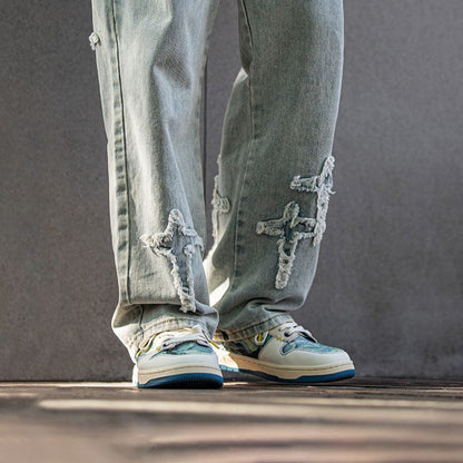 Street style shot showcasing Van Gogh Starry Night sneakers, adding flair to an urban outfit.