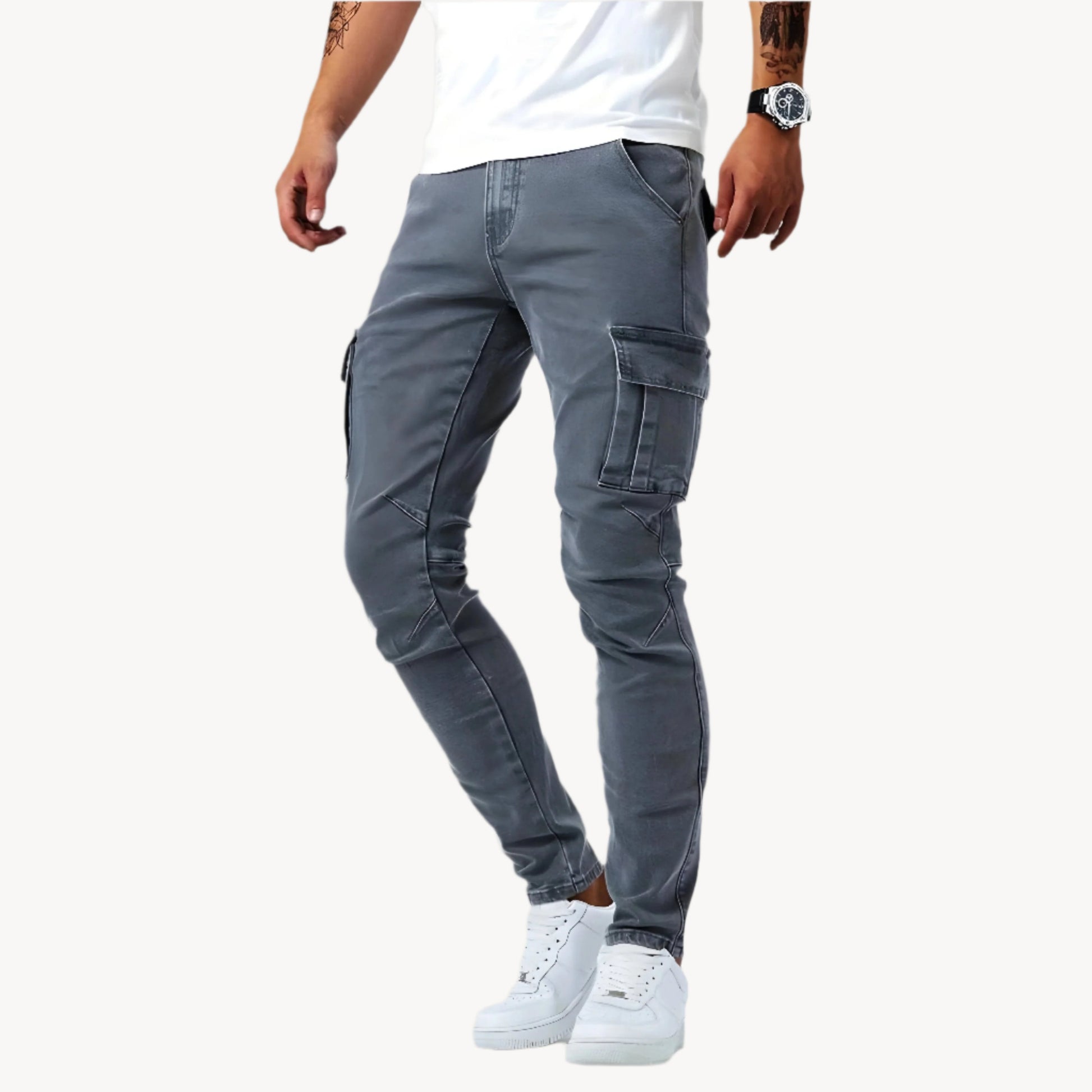 Stylish stretch denim cargo pants for men, perfect for all-year-round wear with a modern design.