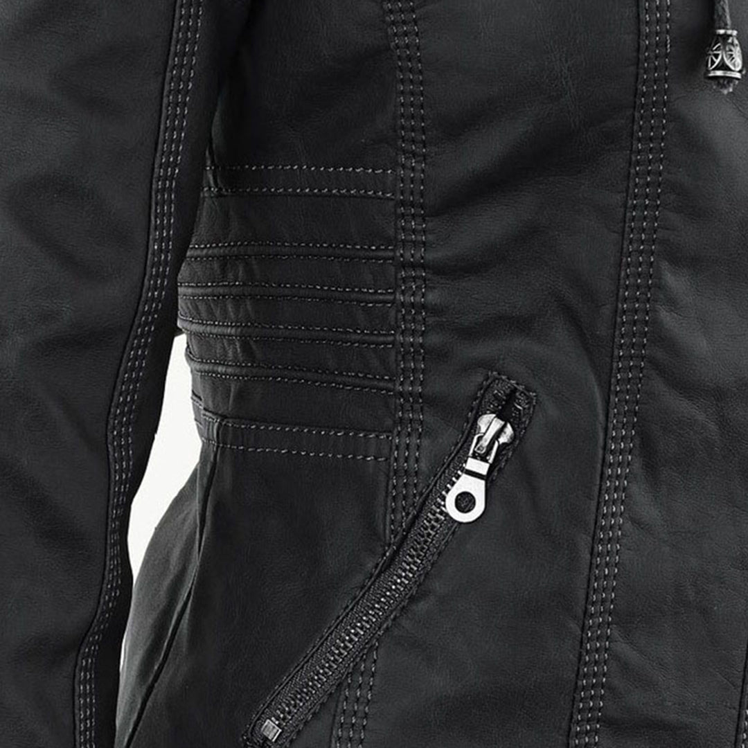 Stylish black vegan leather jacket, a versatile addition to any wardrobe.