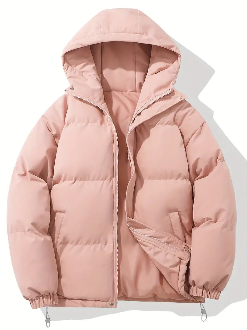 Pink winter coat with warm padding and a sleek design, perfect for cold weather.