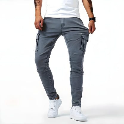 Men’s cargo pants made of stretch denim, offering comfort and functionality for any season.