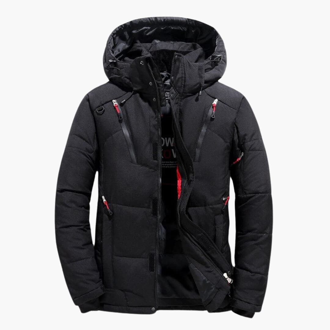 Durable down jacket designed to withstand wind and rain.