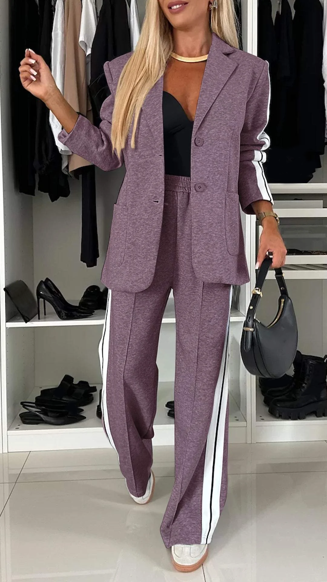 The Zoe Comfy Blazer Set in Purple featuring a modern and stylish design, perfect for versatile wear.