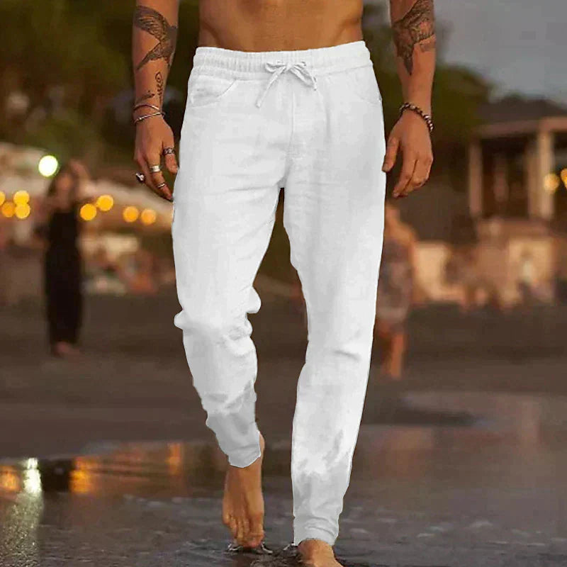 Men's Roberto linen trousers, providing a comfortable and stylish option for summer wear.