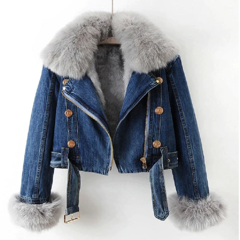 dark blue jean jacket with fur